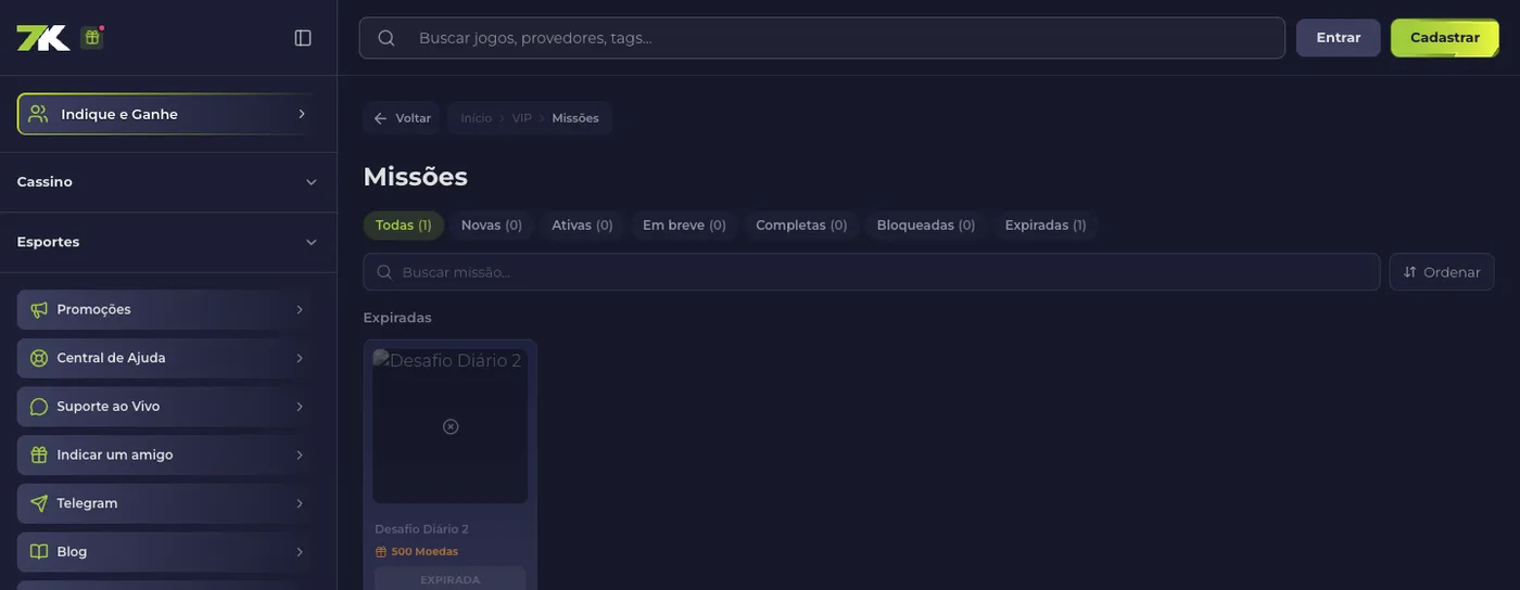 Painel de Missões do 7Klub na 7K