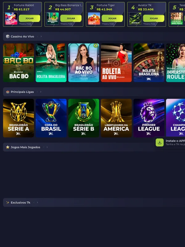 Página inicial da 7K com os jogos que mais pagaram no dia
