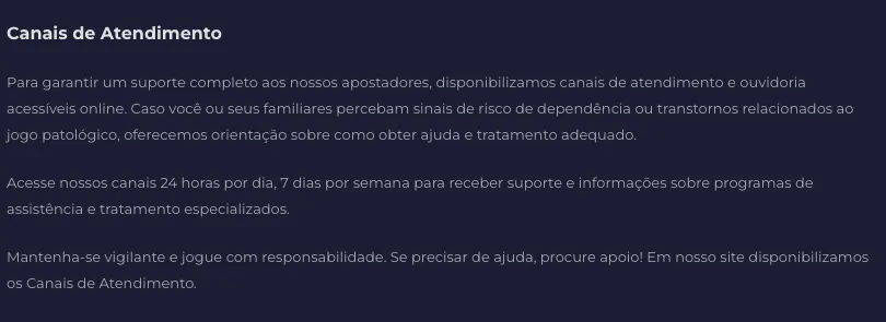 Página de Jogo Responsável da 7K: seção Canais de Atendimento, com e-mail de suporte para dúvidas
