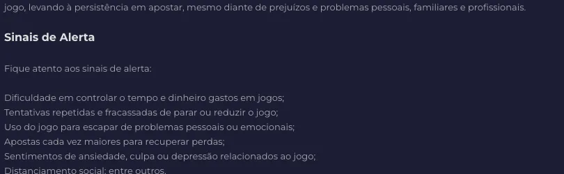 Página de Jogo Responsável da 7K: seção Sinais de Alerta, com lista de comportamentos para ficar atento