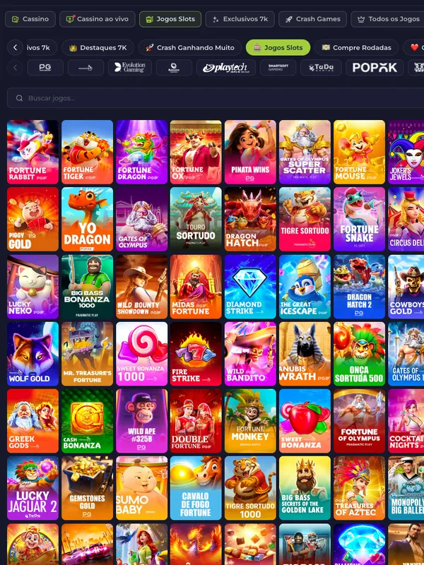 Categoria Jogos Slots da 7K com Fortune Rabbit, Fortune Tiger e provedores PG, Pragmatic e Playtech