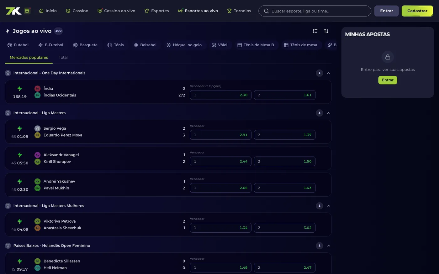 Jogos ao vivo na 7K com odds de vencedor e handicap asiático atualizando em tempo real